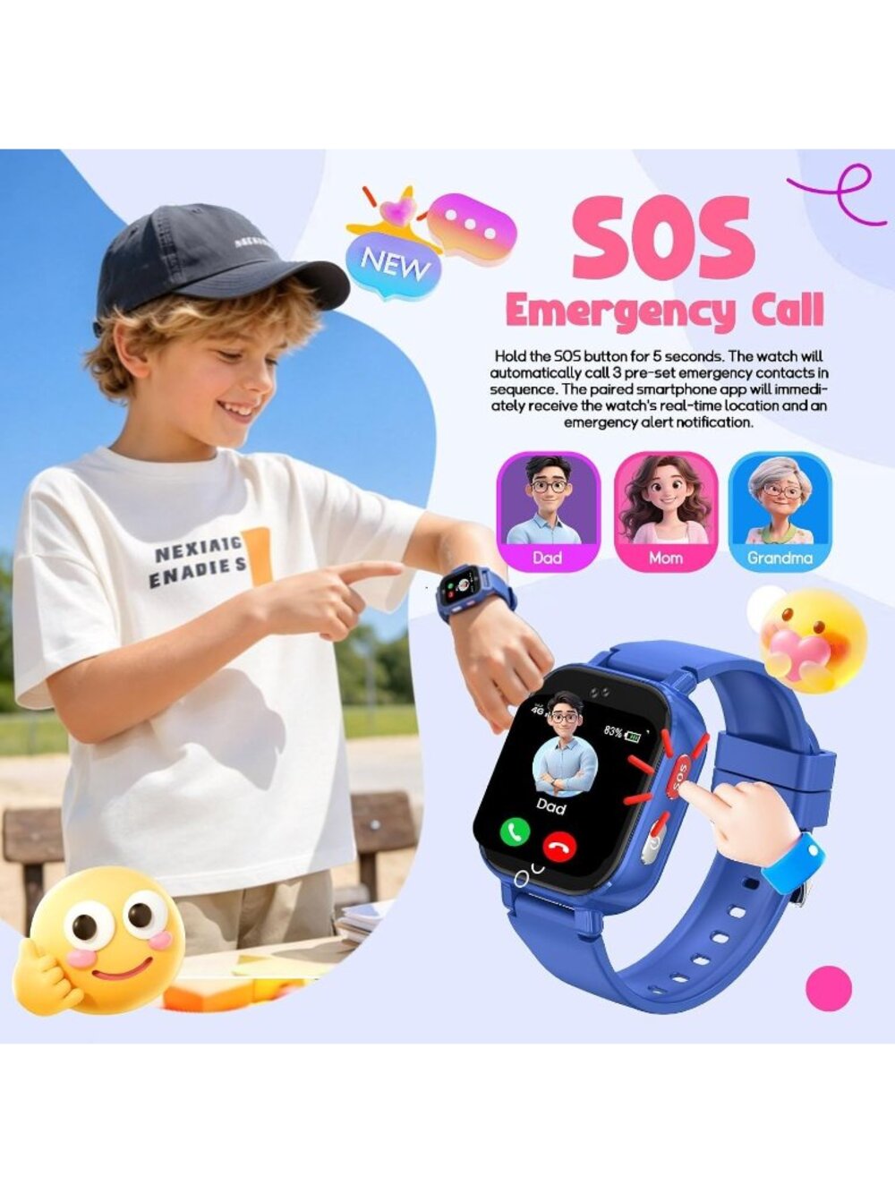 NEW 4G Kids Smart Watch with GPS Tracker for Boys Video Call SOS Waterproof Blue